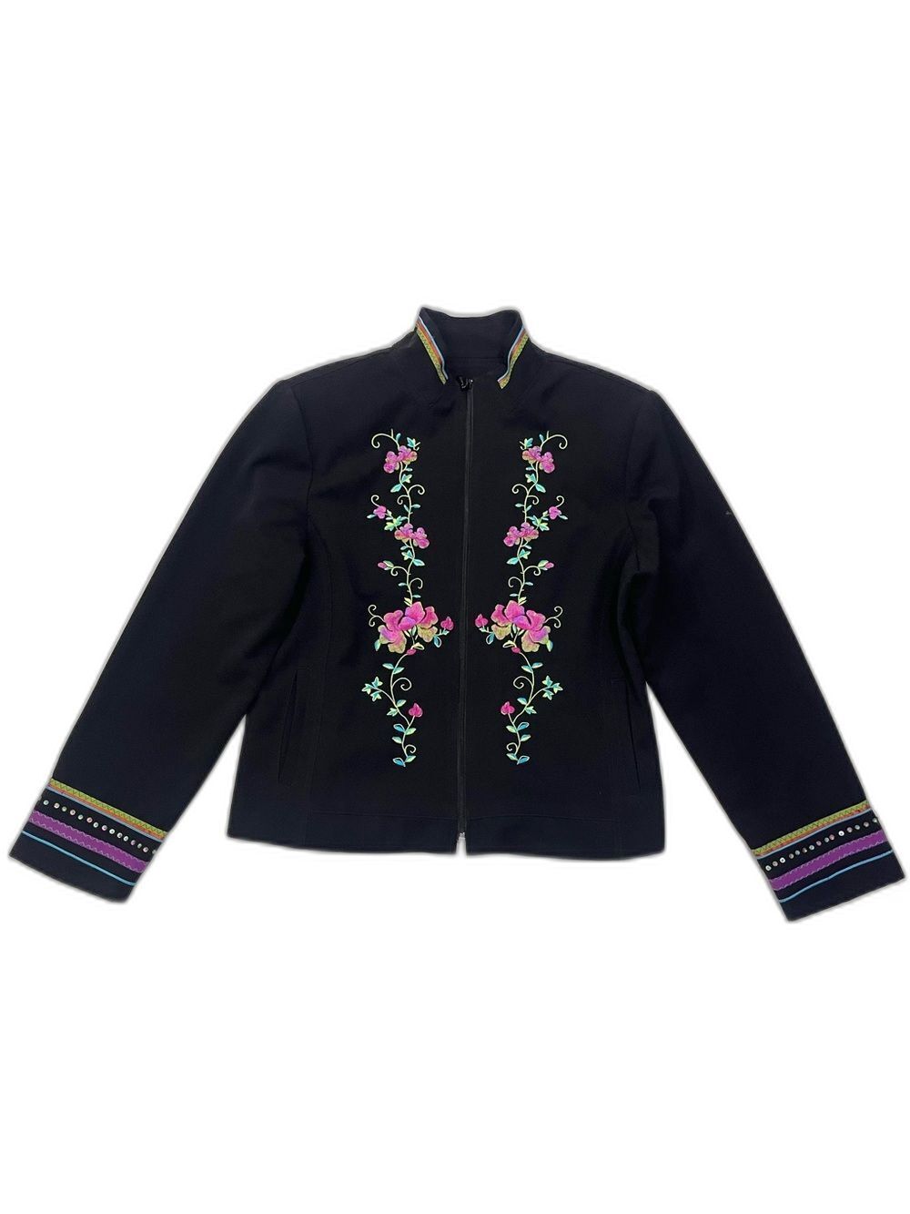 Nancy Bolen Embroidered Sequin Black Pink Floral Zip Blazer Jacket Women’s Top - Picture 1 of 16